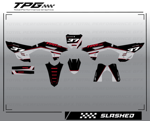 The Total Performance GFX SLASHED full graphic kit offers a look that you just don't see every day. This kit is a perfect platform to design the graphics that you have always wanted for your dirtbike