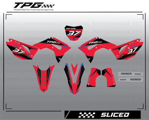 The Total Performance GFX SLICED full graphic kit offers a look that you just don't see every day. This kit is a perfect platform to design the graphics that you have always wanted for your dirtbike
